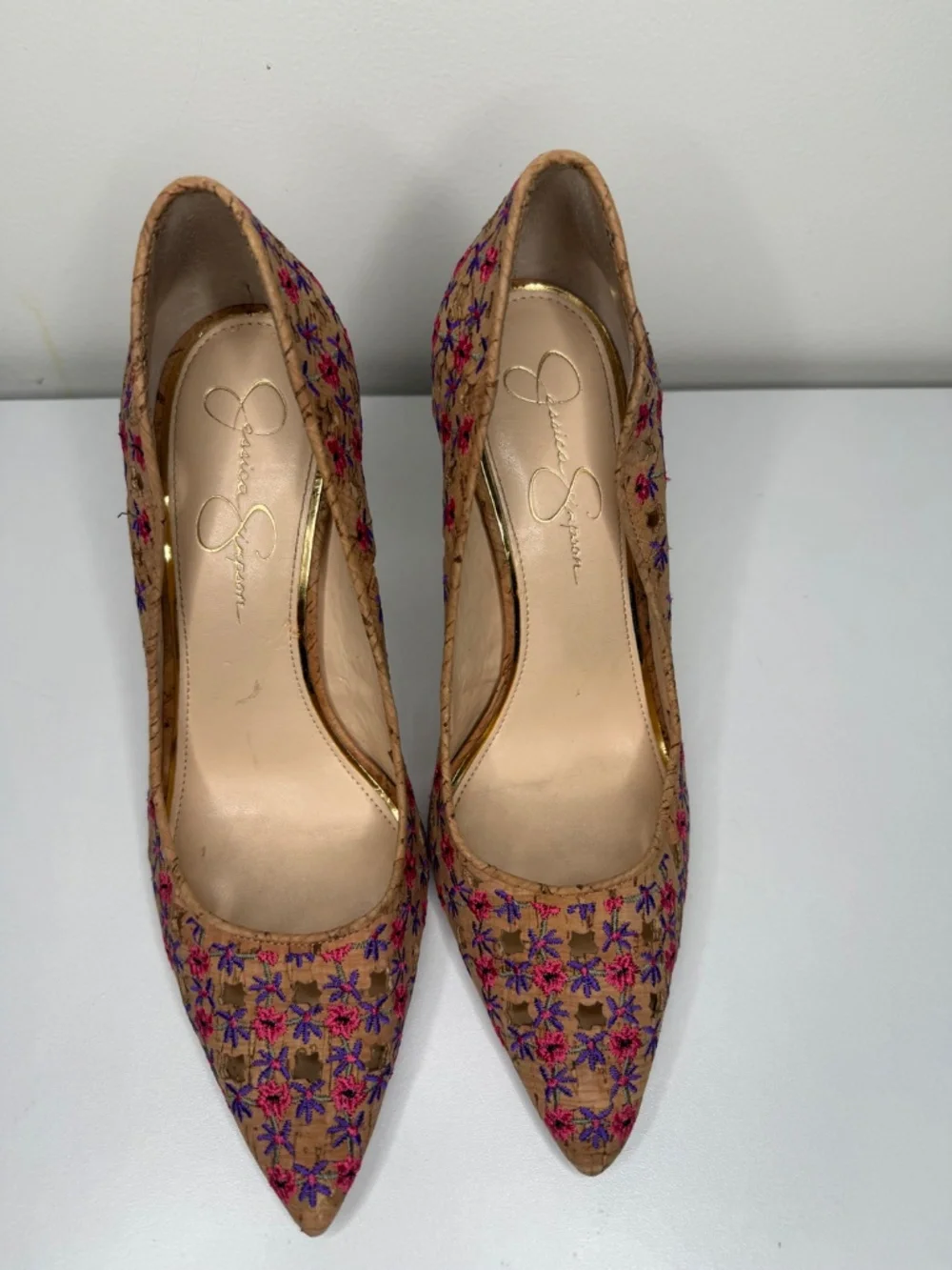 Jessica Simpson Cork Embroidered Floral Cutout Pointed Toe Pumps Size 11